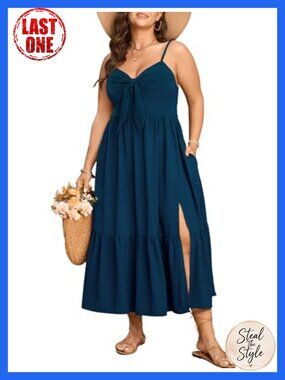 Plus Size Boho Maxi Sun Dress Spaghetti Strap Tie Front Smocked Ruffle Split